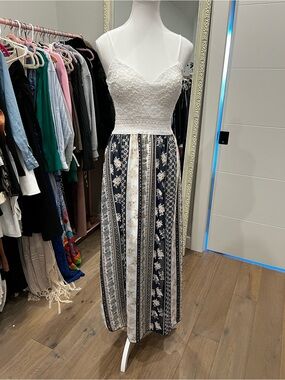Justify White Lace Bodice Navy and Cream Floral Stripe Maxi Dress